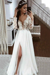 V-neck Side Split Long Sleeve A-line Lace Appliques Wedding Dress