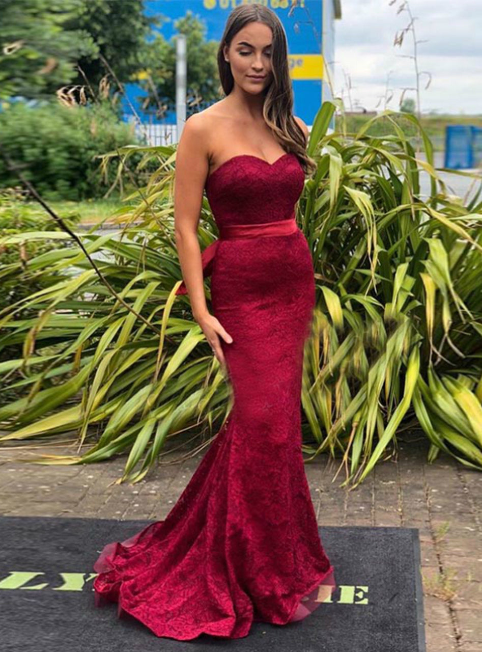 Long Burgundy Mermaid Lace Sweetheart Prom Dress With Sash