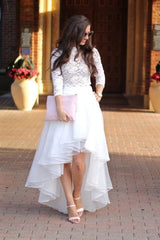 Organza High Low Two Piece Scoop Long Sleeve Lace Wedding Dress