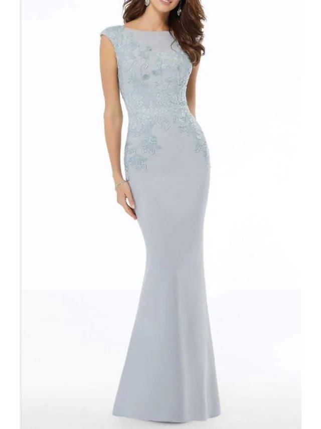 Mermaid / Trumpet Mother of the Bride Dress Elegant Jewel Neck Floor Length Lace Polyester Sleeveless with Beading Appliques - RongMoon