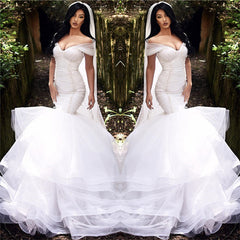 Beads Mermaid Off The Shoulder Tiered Tulle Sexy Wedding Dress