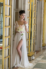 Long Sleeve Sexy Slit V-neck Chiffon Bridal Simple Wedding Dress
