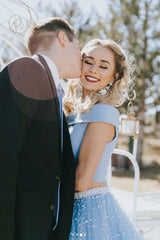 Blue tulle two pieces long prom dress blue formal dress - RongMoon