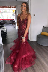 Long V Neck Mermaid Burgundy Tulle Beading Prom Dress with Ruffles