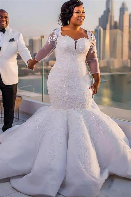Long Sleeve Lace Appliques Mermaid Cheap Chapel Train Lace Wedding Dress