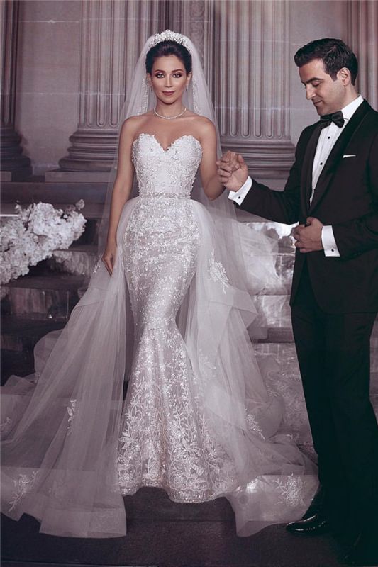 Tulle Appliques Stylish Strapless Wedding Dress With Detachable Overskirt
