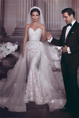 Tulle Appliques Stylish Strapless Wedding Dress With Detachable Overskirt