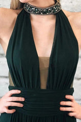 Dark Green Chiffon Beading Halter Pleats Backless Prom Dress