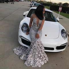 Long Sleeve Flowers Appliques Silver Long Mermaid Court Train Prom Dress