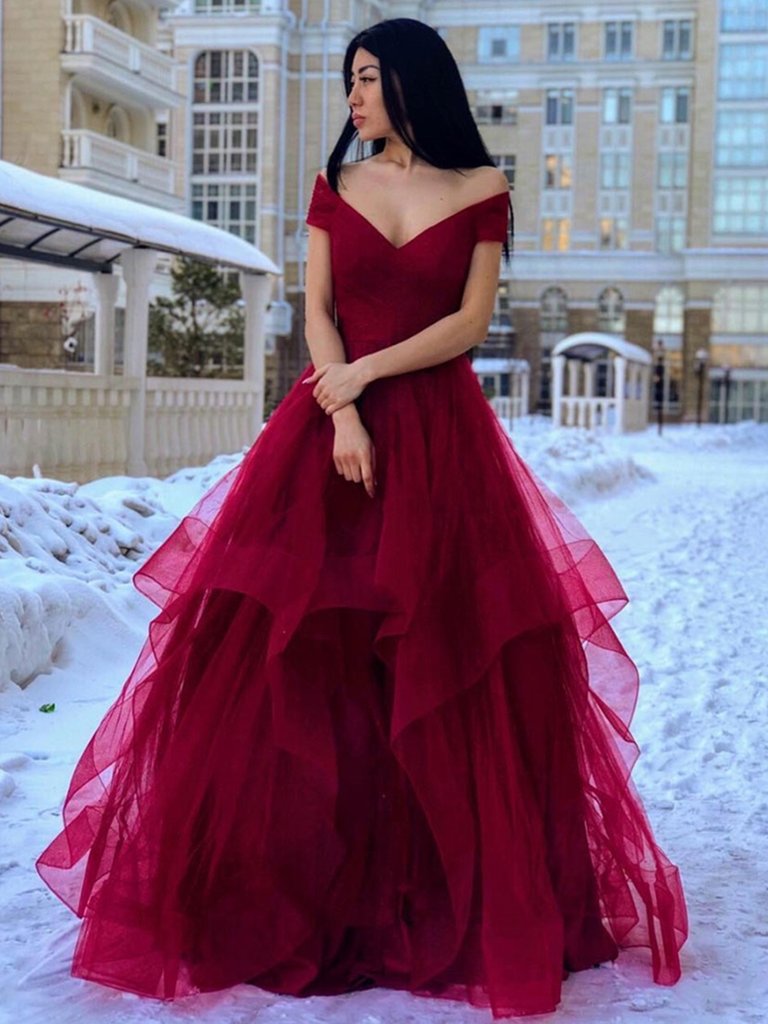 Long Ruffles Off The Shoulder V Neck Burgundy Prom Dress