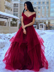 Long Ruffles Off The Shoulder V Neck Burgundy Prom Dress