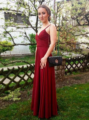 A-Line Burgundy Chiffon V-neck Pleats Long Prom Dress