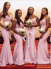 Pink mermaid Satin Off the Shoulder Appliques Beading Bridesmaid Dress