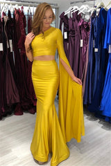 One-Shoulder Long Sleeves Yellow Two-Pieces Mermaid Prom Dress