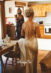 Cap Sleeves Open Back Sequin Sheath Long Bridesmaid  Dresses - RongMoon