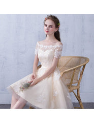 Off The Shoulder Lace High Low Champagne Wedding Reception Dress