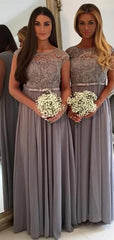 Vintage Cap Sleeve Lace A Line Grey Floor-Length Chiffon Wedding Guest Bridesmaid Dresses For Maid of Honor, WG44