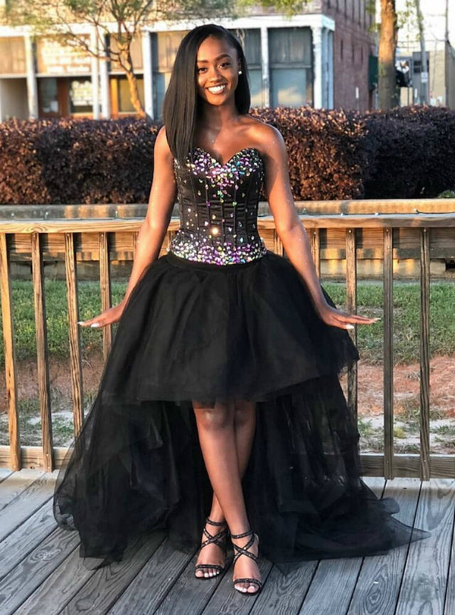 Sweetheart Hi Lo Crystal Black Beading Tulle Ball Gown Prom Dress