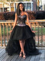 Sweetheart Hi Lo Crystal Black Beading Tulle Ball Gown Prom Dress