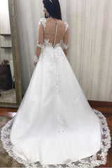 Appliques A Line Tulle Long Sleeve Sheer Back Wedding Dress