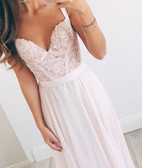 Pink Sweetheart A-line chiffon lace long prom dress, formal dress - RongMoon