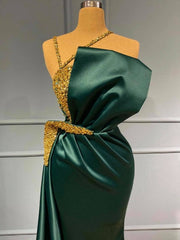 Beading Luxury Sparkle Dark Green Satin Sheath Column Prom Formal Dress