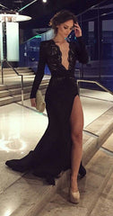 Modest Black Prom Dress Plunging V Neck Long Sleeves Mermaid Party Gowns Long Prom Dress  cg16947