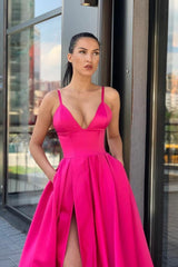 Fuchsia Satin Long Prom Dresses with Wide Waistband      cg24948