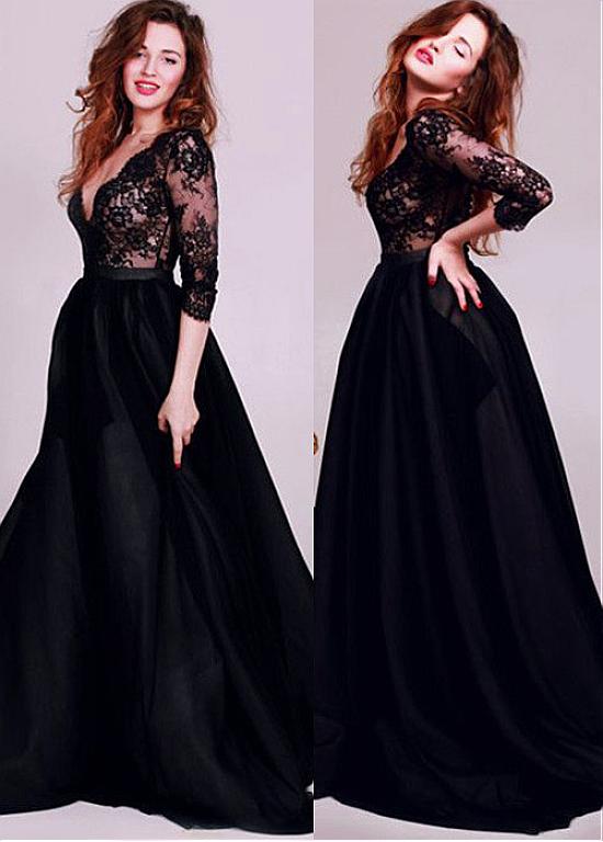 Belt Satin V-neck Long Sleeves Black A-line Evening Dress