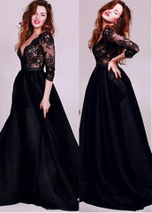 Belt Satin V-neck Long Sleeves Black A-line Evening Dress