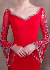 Satin V-neck Red Long Sleeve Mermaid Evening Dress