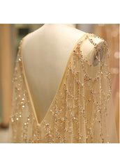Tulle Jewel Long Sleeve Gold Beading Prom Evening Dress