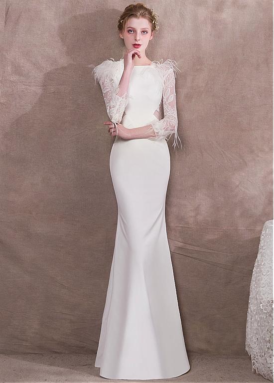Lace & Spandex Bateau White Mermaid Evening Dress