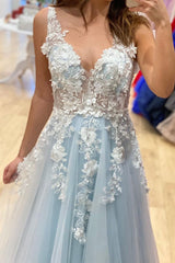 Appliques Tulle A Line V Neck Sky Blue Prom Formal Dress