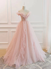 Pink Tulle Ruffles Off the Shoulder Long Prom Dress
