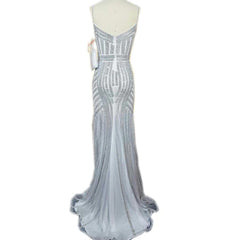 V Neck Long Tulle Mermaid Evening Dresses With Gold Beading