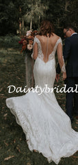 Simple V- neck Long Sleeve Mermaid Lace Long Wedding Dresses.DB10782