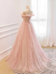 Pink Tulle Ruffles Off the Shoulder Long Prom Dress