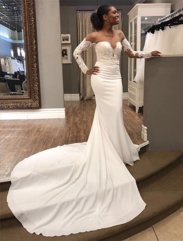 Illusion Neckline Lace Long Sleeves Mermaid Wedding Dresses
