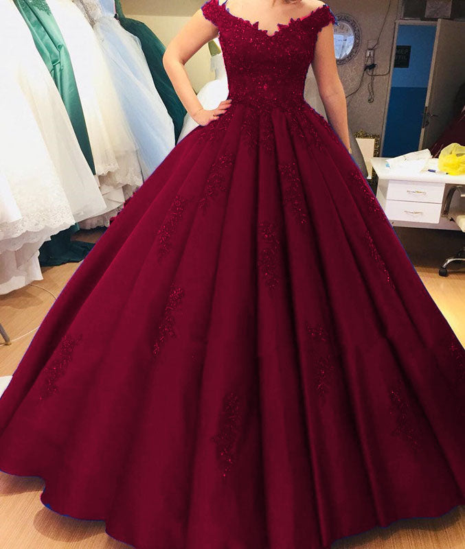 Lace V-neck Off Shoulder Satin Ball Gown Quinceanera Dresses