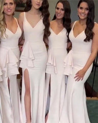 Stylish Mermaid V-neck Long Jersey Split Bridesmaid Dresses
