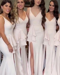 Stylish Mermaid V-neck Long Jersey Split Bridesmaid Dresses