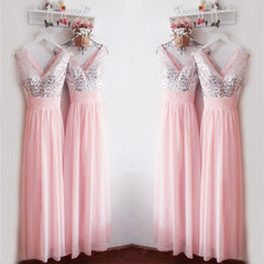 Glitter Sequins V Neck Long Chiffon Pink Bridesmaid Dresses 2017