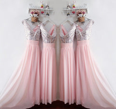 Glitter Sequins V Neck Long Chiffon Pink Bridesmaid Dresses 2017