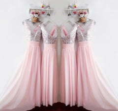 Glitter Sequins V Neck Long Chiffon Pink Bridesmaid Dresses 2017