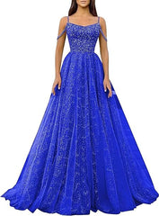 Pink Spaghetti Straps Sequin Tulle Cold Shoulder Prom Dresses
