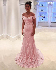 A-line/Princess Off-the-Shoulder Sweep Train Lace Prom Dresses
