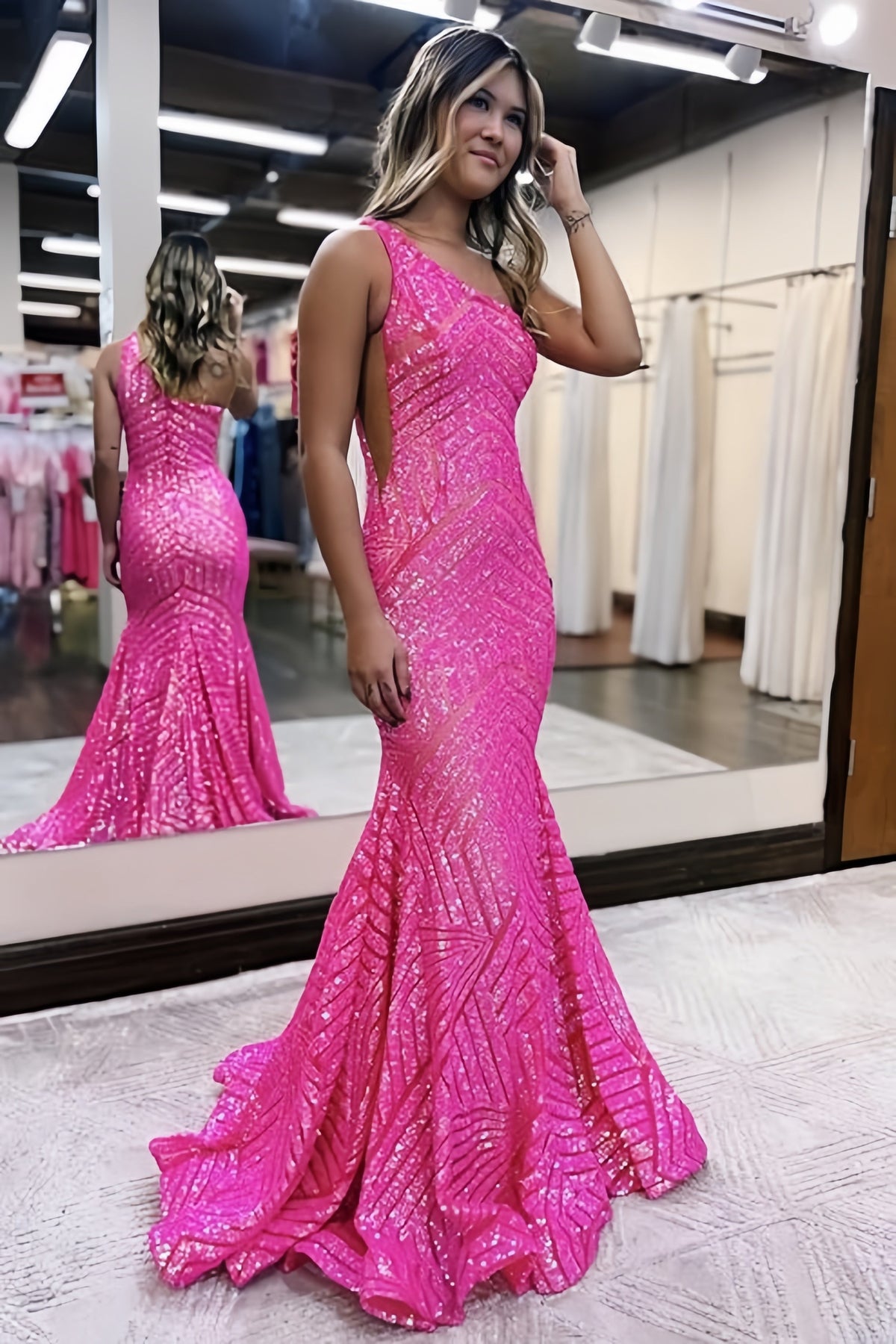 Sequin Fuchsia Mermaid One Shoulder Prom Dress