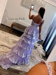 Lavender Lace Straps A Line Prom Dress With Slit