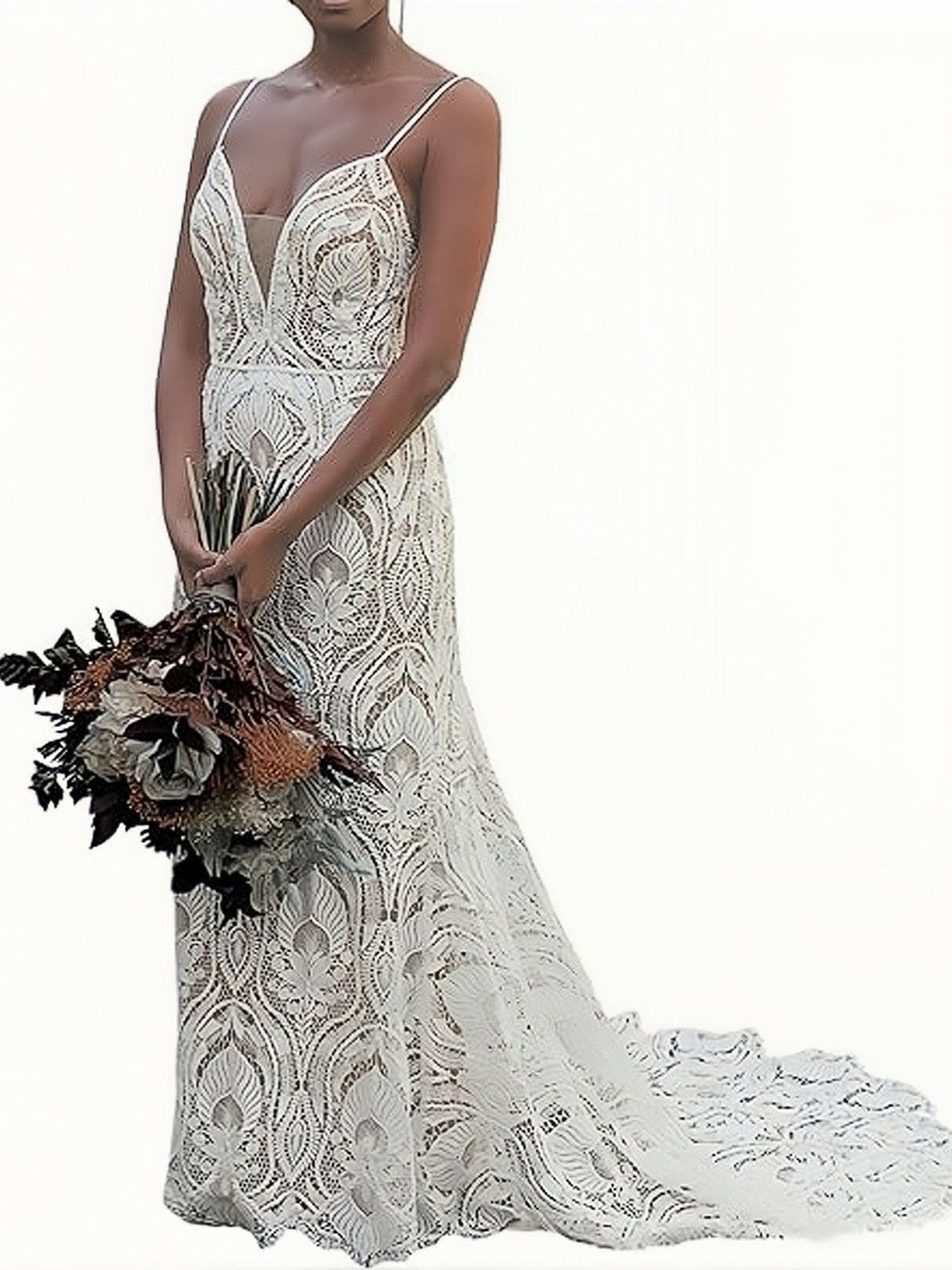 Sheath Column Mesh V Neck Lace Wedding Dress